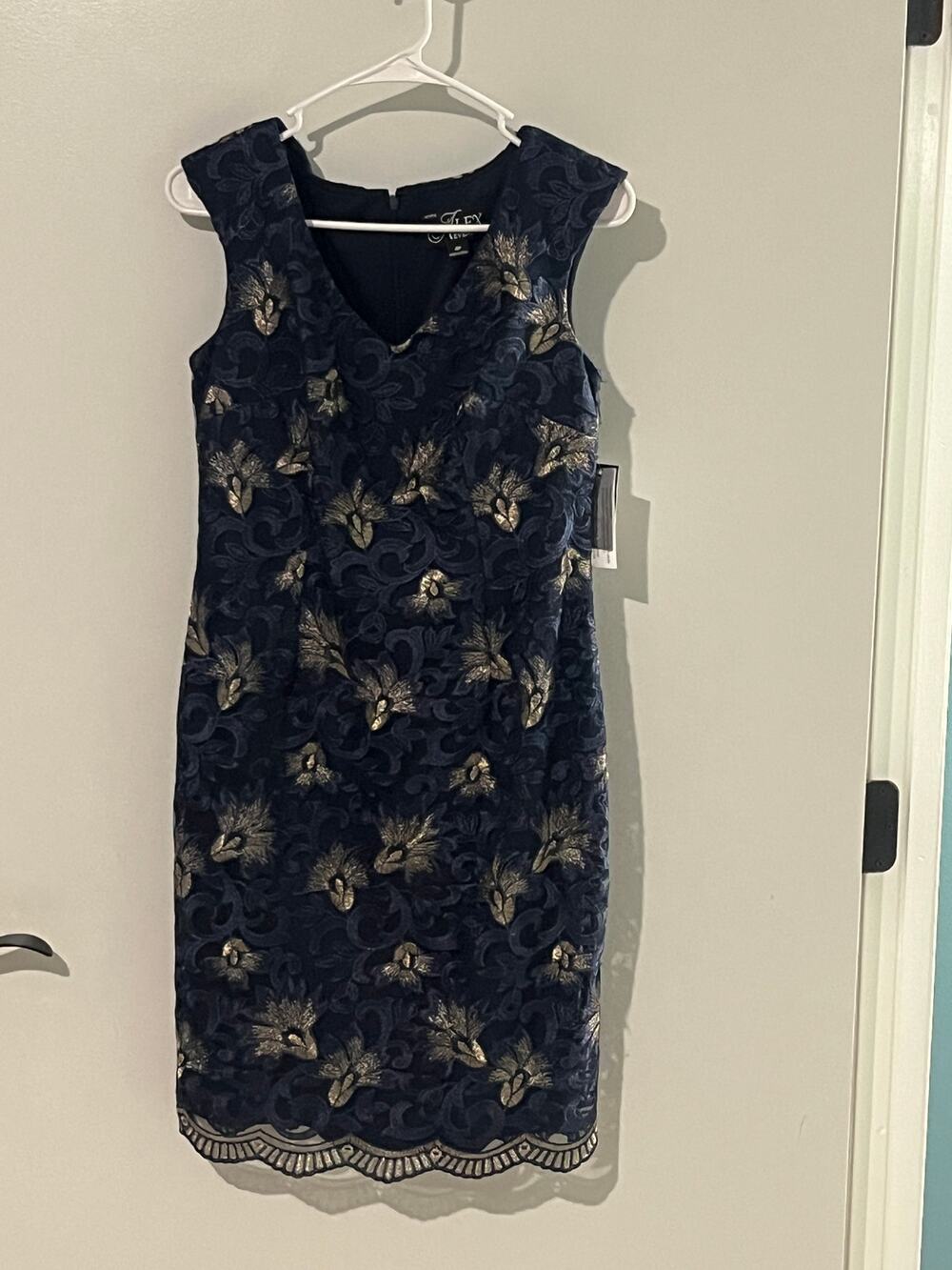 Alex Evenings Petite 4P Black Navy Gold Embroidered Lace Sheath Dress NWT Formal